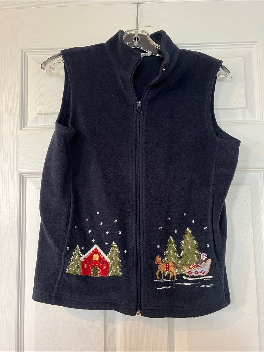 Northern Reflections Navy Fleece Holiday Vest with Embroidered Winter Scene